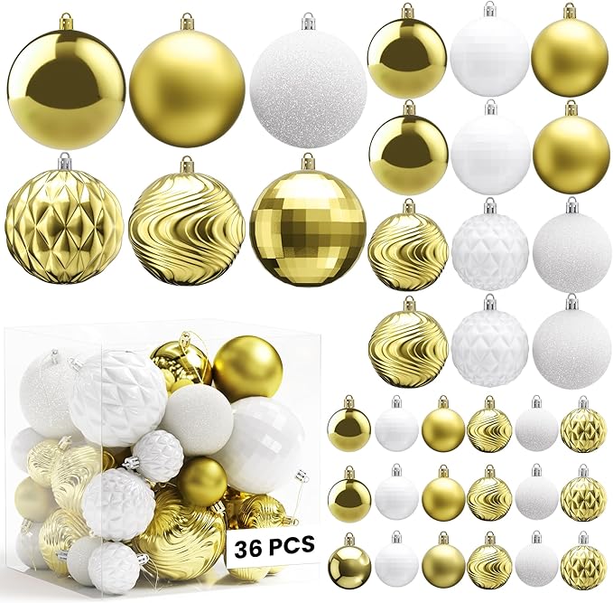 Annecy Christmas Tree Ornaments - 36 PCS Shatterproof Christmas Ball Ornaments Set for Holiday, Wreath & Party Decorations (Multi-Size, Gold, White)