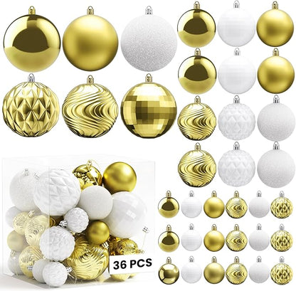 Annecy Christmas Tree Ornaments - 36 PCS Shatterproof Christmas Ball Ornaments Set for Holiday, Wreath & Party Decorations (Multi-Size, Gold, White)