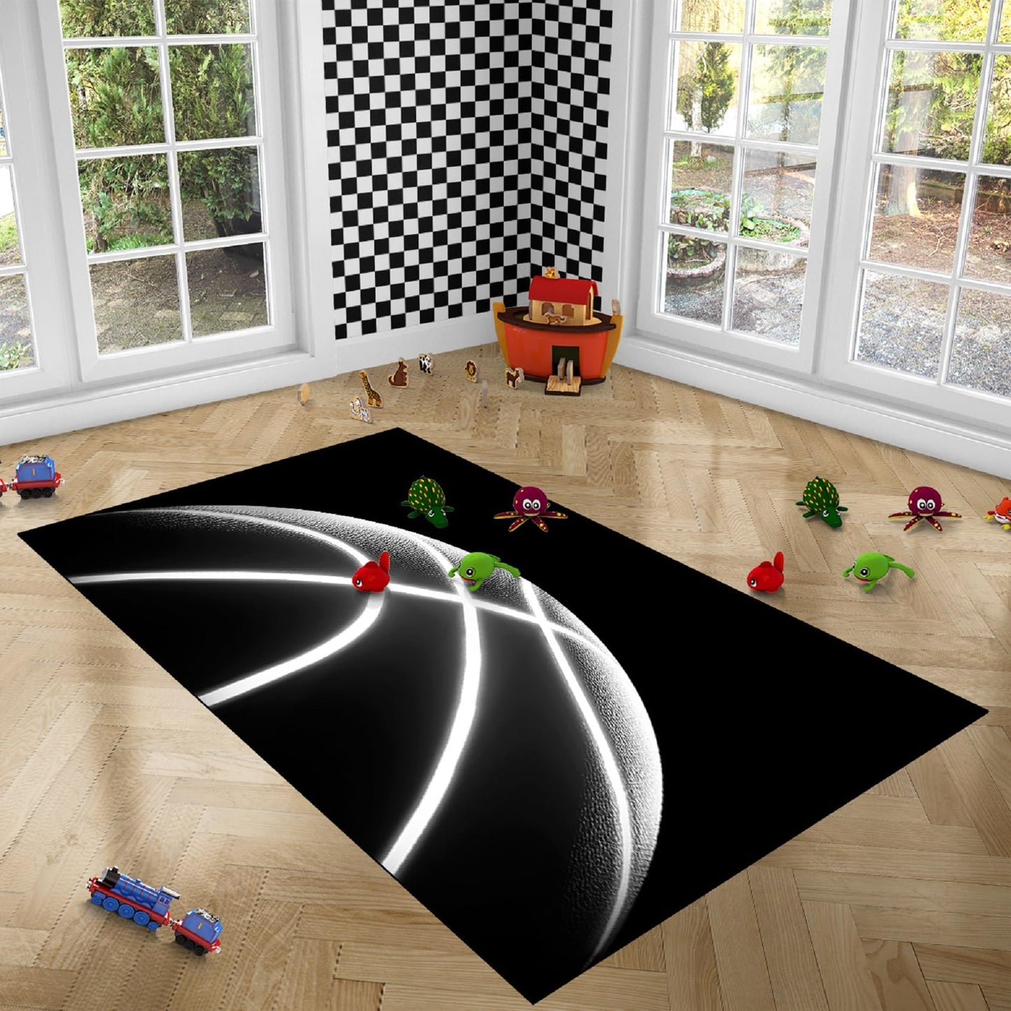 Basketball Rug for Boys Bedroom - Black Basketball Area Rug Basketball Decor Floor Kids Room Carpet Fun Sport Basketball Rug Printed White Ball Playroom Mat,2'6''×4'