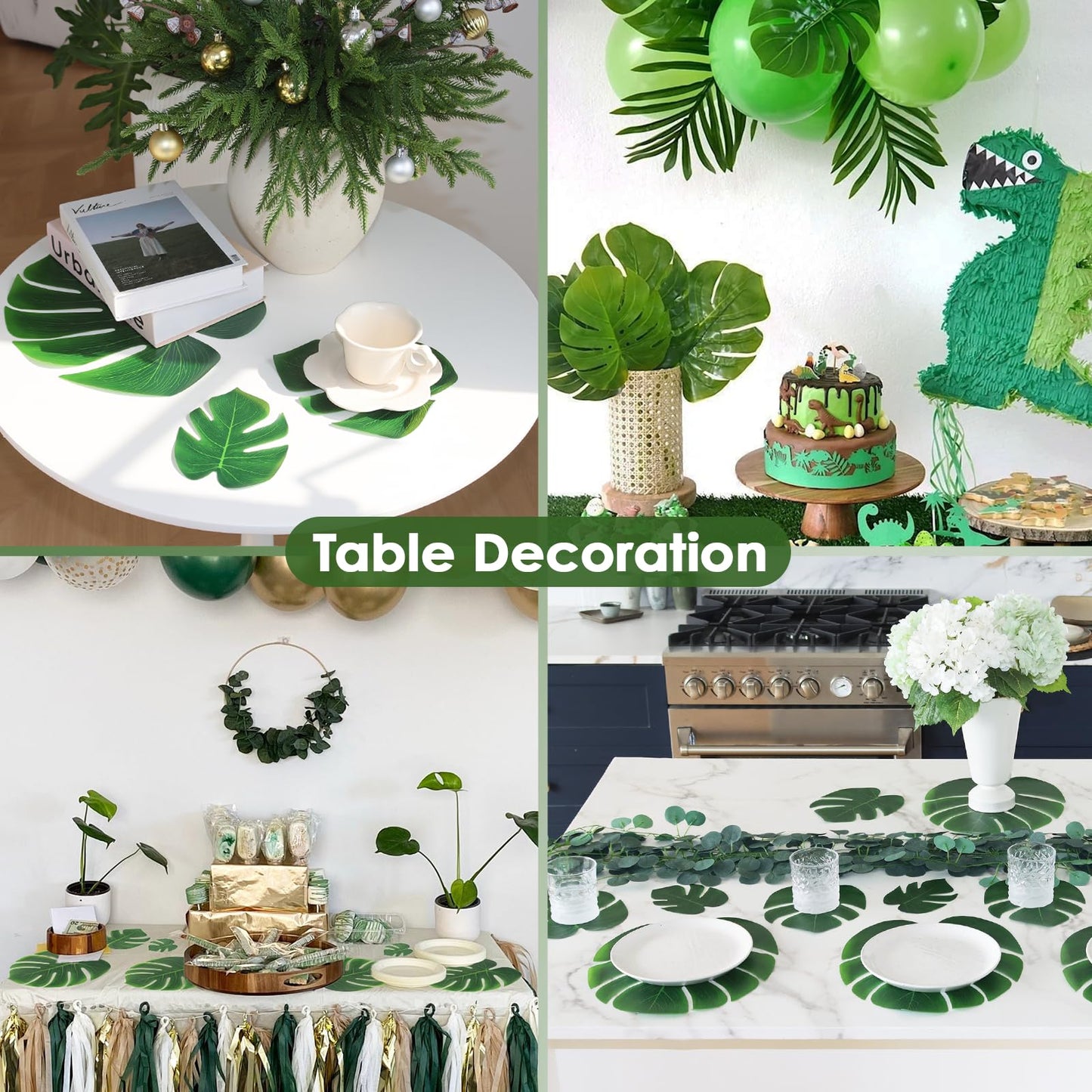 ARTKAIKE Artificial Palm Monstera Green Leaves for Birthday Party Table Decor, Realistic Tropical Fake Plants for Dinosaur/Jungle, Luau & Safari Theme Events (18, Monstera)