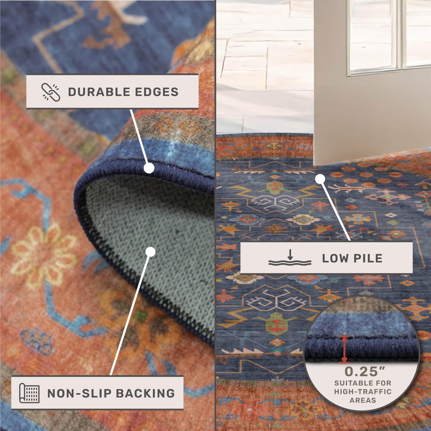 Washable Boho Square 8x8 Living Room Rug - Navy Blue Carpet for Bedroom, Dining Room Rugs for Under Table - Low Pile Non-Slip Rubber Backing Stain Resistant (8x8 Navy Blue)