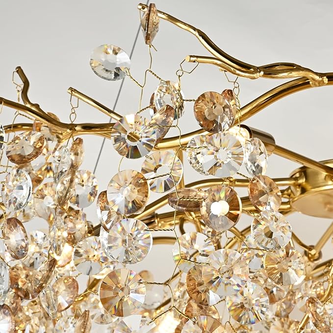 Modern Crystal Chandelier, Rectangular Gold Tree Branch Chandeliers, Luxury Raindrop Ceiling Light Fixture for High Ceiling, Dining Room, Kitchen, Office, Living Room