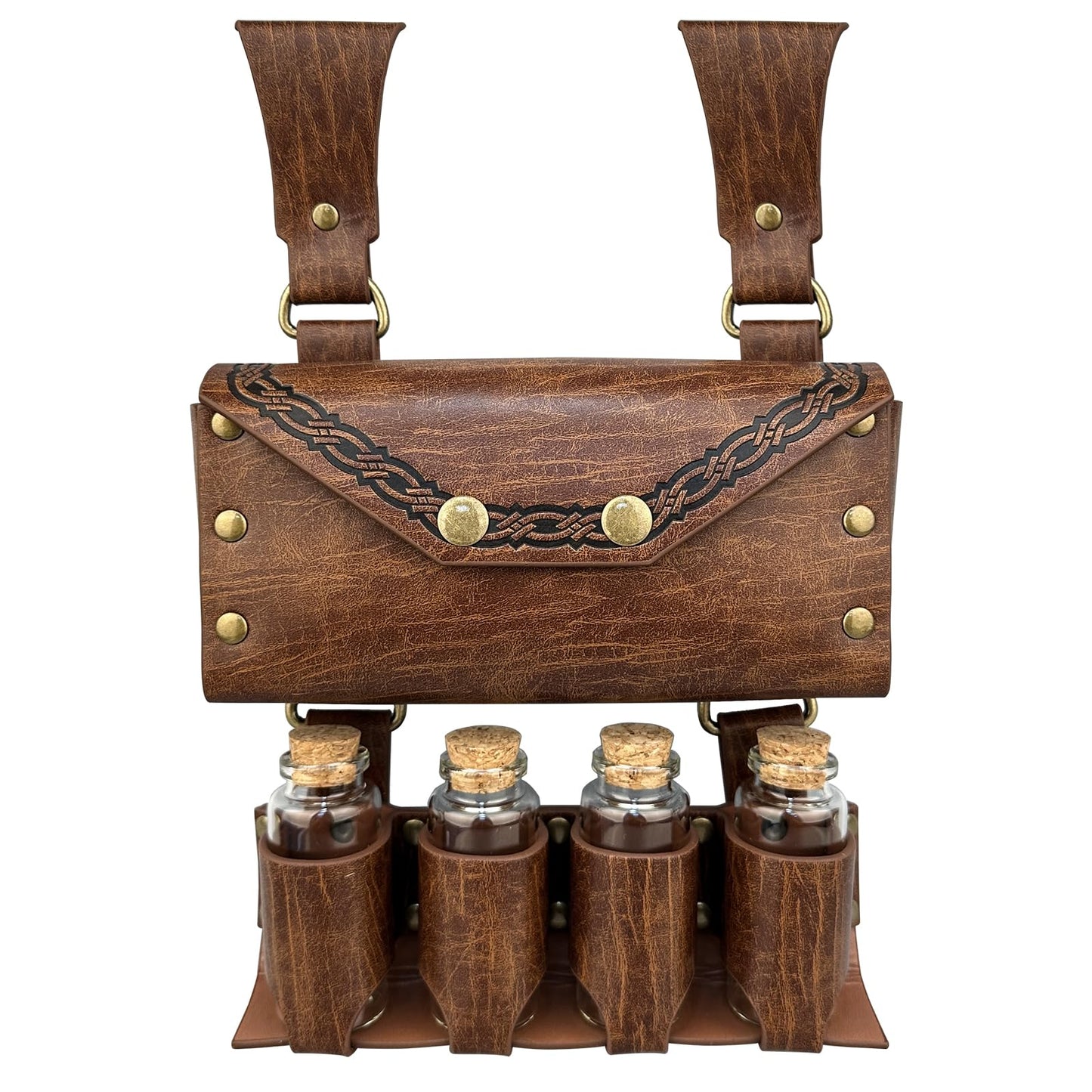 HiiFeuer Medieval Alchemy Faux Leather Belt Bag with 4 Cork Potion Vials, Fantasy Wizard Waist Pouch Side Pack for Ren Faire (Light Brown A)