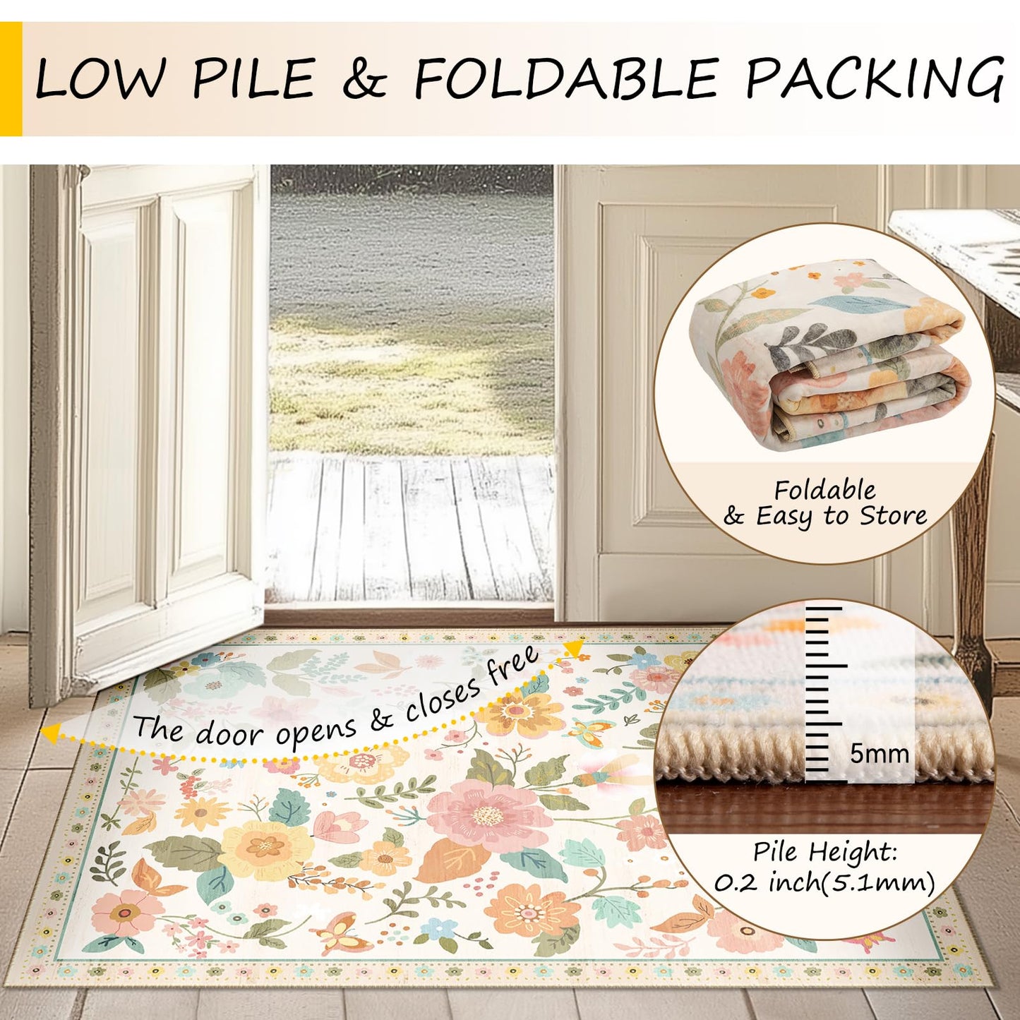 RELEANY Floral Square 5ft Area Rugs Washable Print Boho Cute Carpet Non Slip Flower Low Pile for Living Room Bedroom Kitchen Office Farmhouse-Beige/White/Orange
