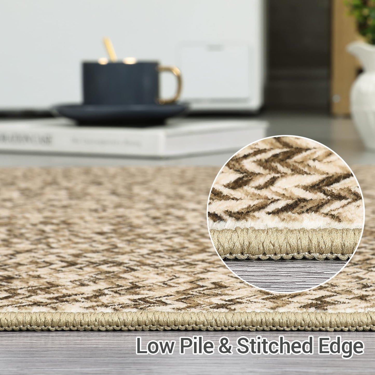 ROYHOME Washable Area Rug 5x7 Print Braided Machine Washable Rug Solid Printed Textured Carpet Stain Resistant Non-Slip Farmhouse Floor Cover for Living Room Dining Bedroom Decor, Linen