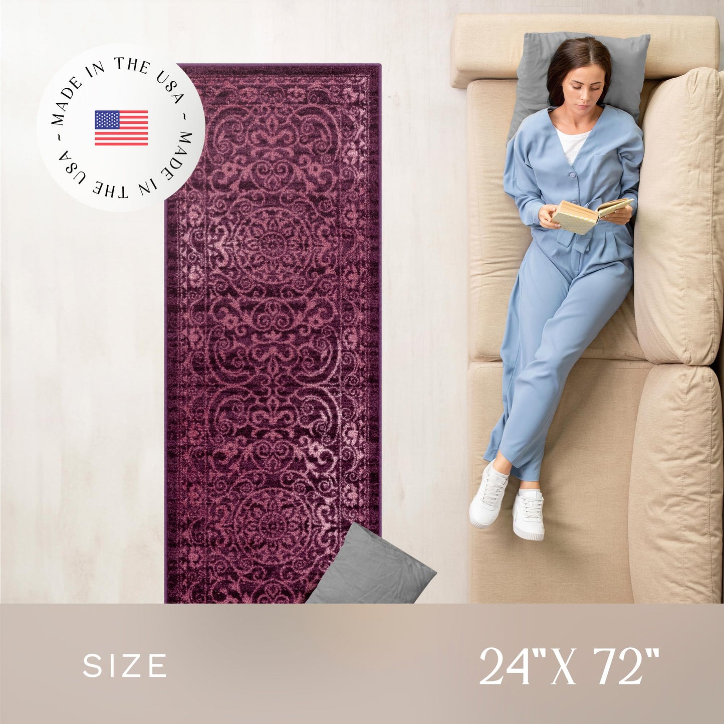 Maples Rugs Pelham Vintage Medallion Runner Rug - Made in USA - Washable, Non-Slip, Low Profile Indoor Rug for Hallway, Kitchen, and Laundry Room, 2' x 6', Wineberry