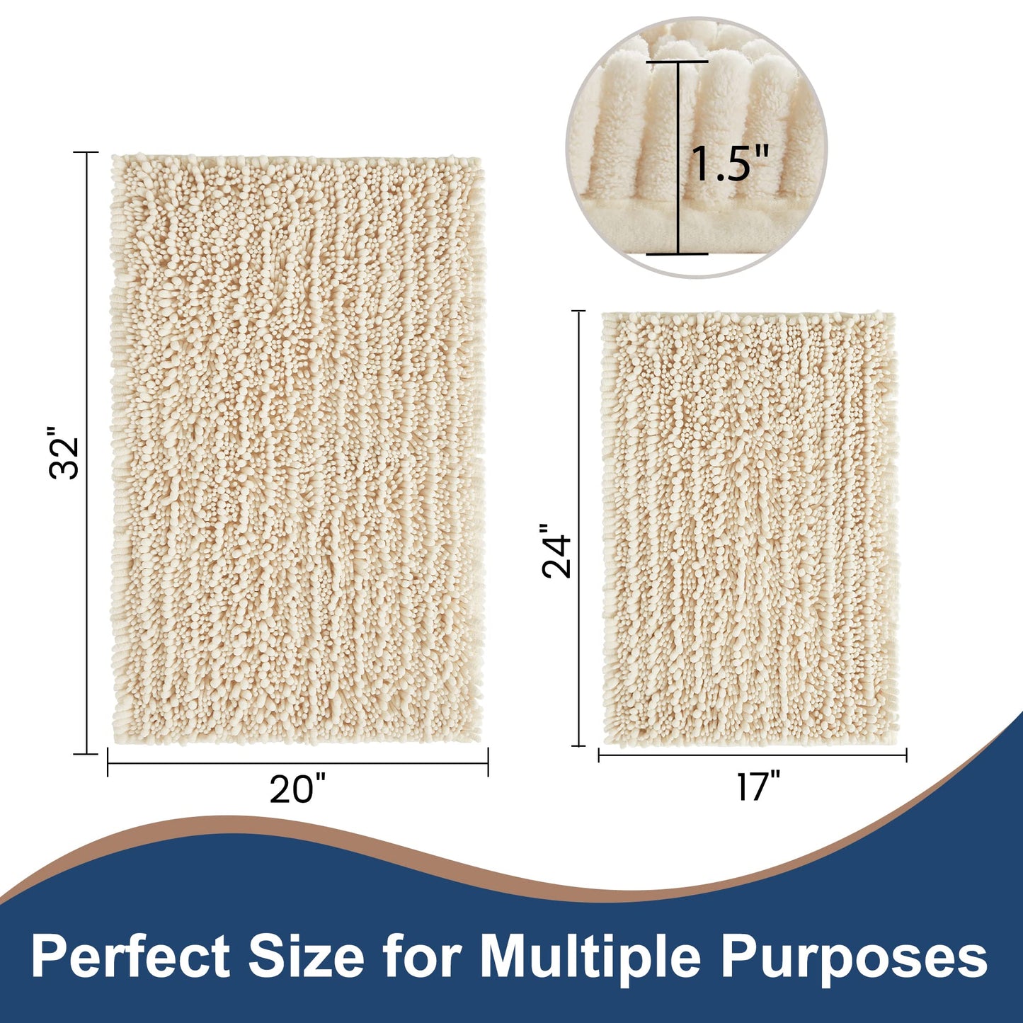 H.VERONNEX Luxury Chenille Cream Bathroom Rugs Sets 2 Piece, Thickened Hot Melt Rubber Bottom Bath Mats for Bathroom Non Slip,Bath Rugs Quick Dry Machine Washable for Shower Mat (32"x20"+17"x24")