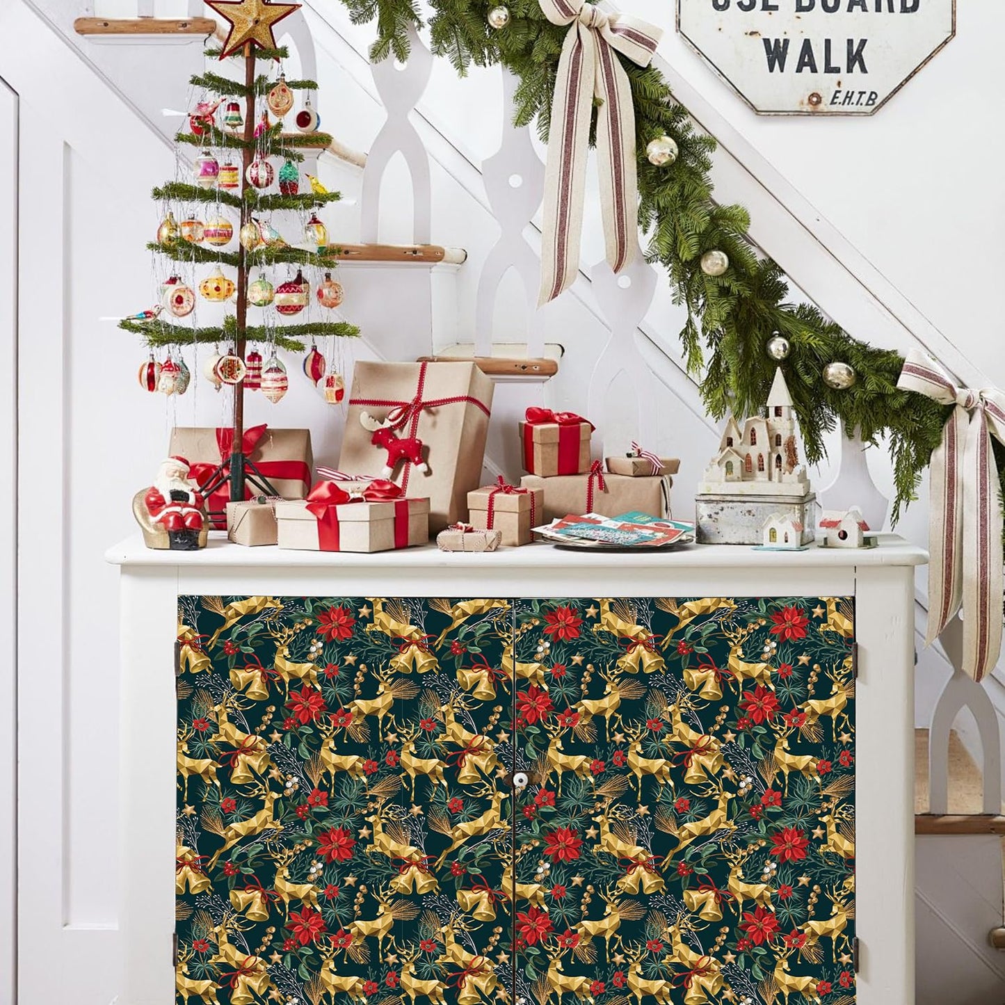 TOARTi Gold Elk Christmas Peel and Stick Wallpaper Dark Green Christmas Reindeer Contact Paper for Cabinets Drawer Xmas Self Adhesive Wallpaper for Winter Holiday Party Xmas Contact Paper