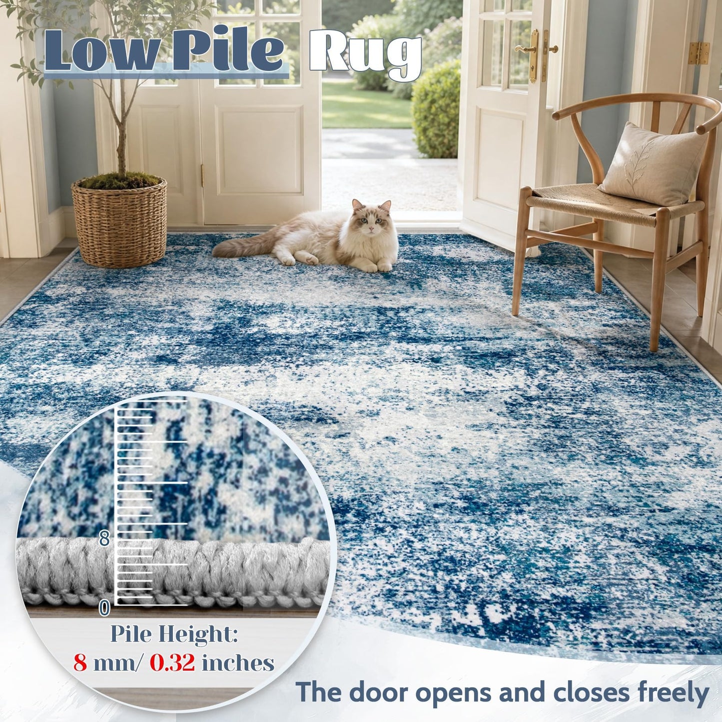 5x7 Area Rugs for Living Room, Washable Modern Abstract Rug Non-Slip Soft Low Pile Stain Resistant Carpet for Bedroom Nursery Dining Room Home Office (Blue, 5'x7')