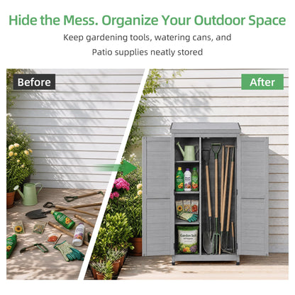 68''x33''x20'' Outdoor Wooden Storage Shed with Metal Top Tall Vertical Tool Cabinet for Backyard Garden Patio Lawn (Grey)