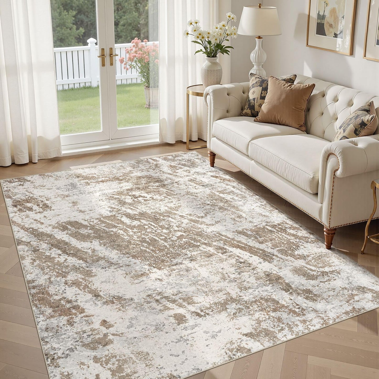 DMOYEST 5x7 Washable Area Rug: Abstract Modern Non-Slip Carpet, Soft Low Pile Indoor Neutral Easy Clean Floor Rugs for Living Room Bedroom Dining Room Kids & Pets - Brown