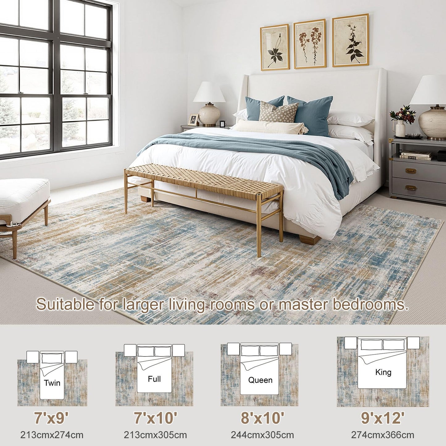UERMEI 8x10 Washable Area Rug for Living Room: Modern Neutral Abstract Large Soft Low Pile Carpet Non-Slip Pet Kids Friendly Indoor Decor for Bedroom Dining Room Home Office Nursery Blue Brown