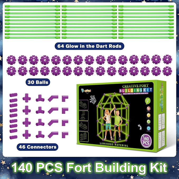 V-Opitos 140 Pack Glow in The Dart Fort Building Kits for Kids Age 4 5 6 7 8+ Years Old STEM Building Toys for DIY Castles Tunnels Ideal Christmas Birthday Gifts for Boys &amp Girls