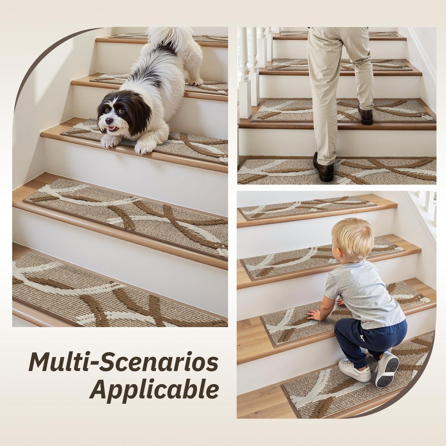 PADOOR Stair Treads Non Slip 15 PCS, 3D Peel and Stick Stair Treads for Wooden Steps Indoor, Residue-Free Adhesive Stair Runner for Kids, Elders & Pets, Washable Carpet for Stairs,8"x30",Brown