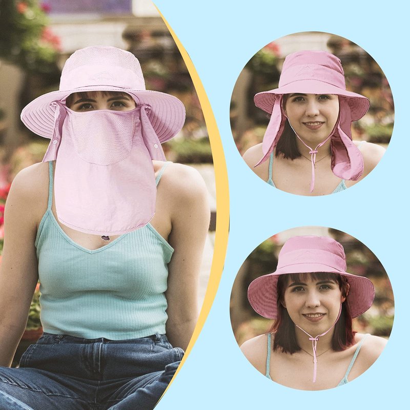 Fishing Hat for Men & Women, Outdoor UV Sun Protection Wide Brim Hat with Face Cover & Neck Flap (Pink)