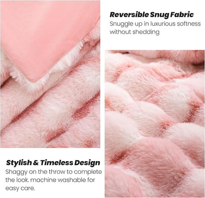 Touchat Luxury Faux Rabbit Fur Twin Blanket for Couch, Super Heavy Warm Cozy Throw for Sofa Bedroom Living Room, Ultra Soft Fluffy Reversible Plush Blankets for Home Decor Gifts, Tie-dye Pink