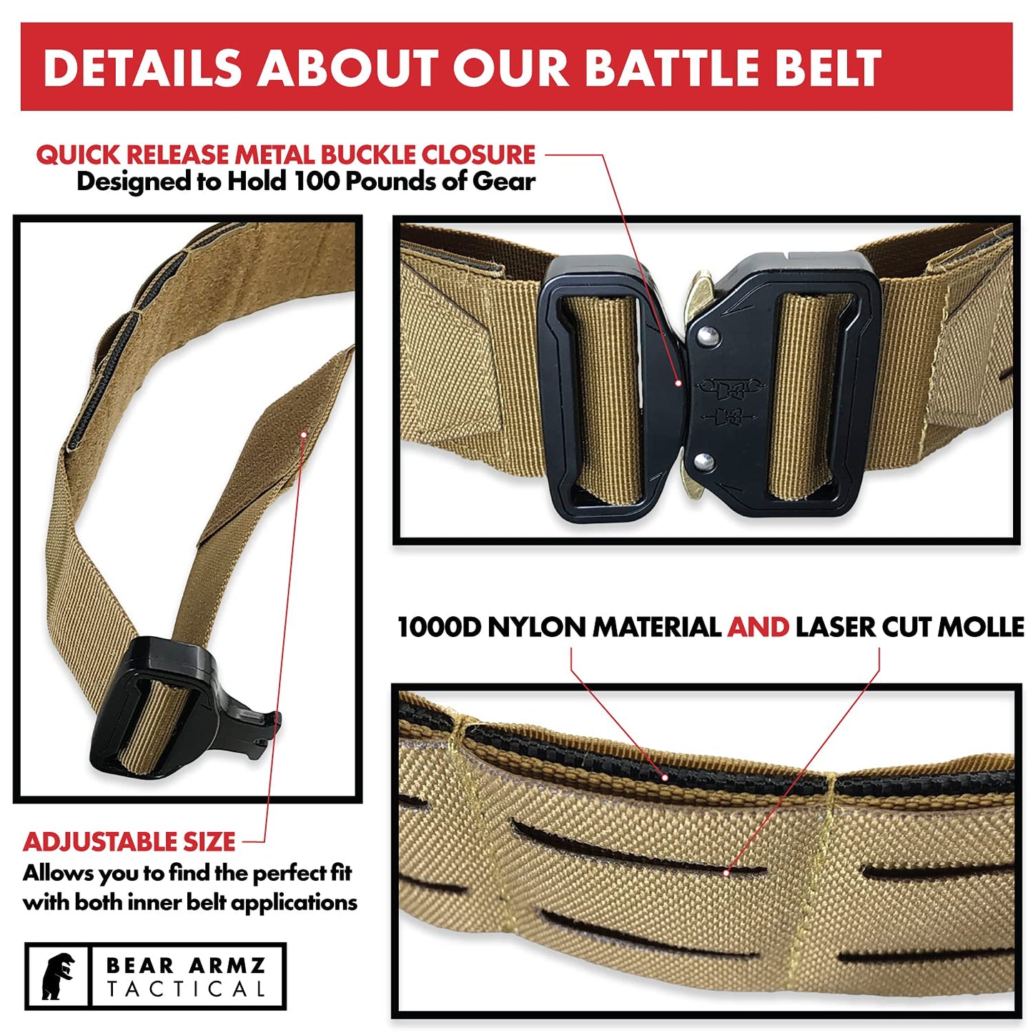 Bear Armz Tactical Battle Belt | Heavy Duty Nylon Belts | Molle Riggers Belt | American Company (Tactical Black, M- Medium)