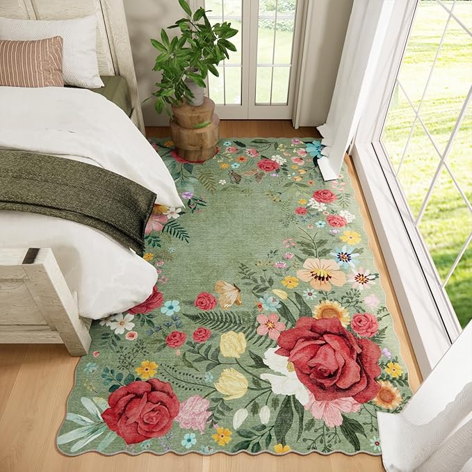 Washable Rugs for Living Room: 6x9 Area Rugs for Bedroom Soft Ultra Thin Stain Resistant Non Slip Low Pile Lightweight Vintage Floral Carpet for Dining Room Decor (Green)
