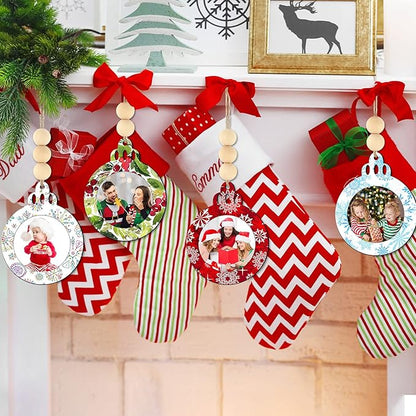 Blulu 24 Pcs Christmas Unfinished Picture Ornament Bulk Wooden Round Photo Frame Hanging Ornaments for Christmas Tree Stockings Decorations