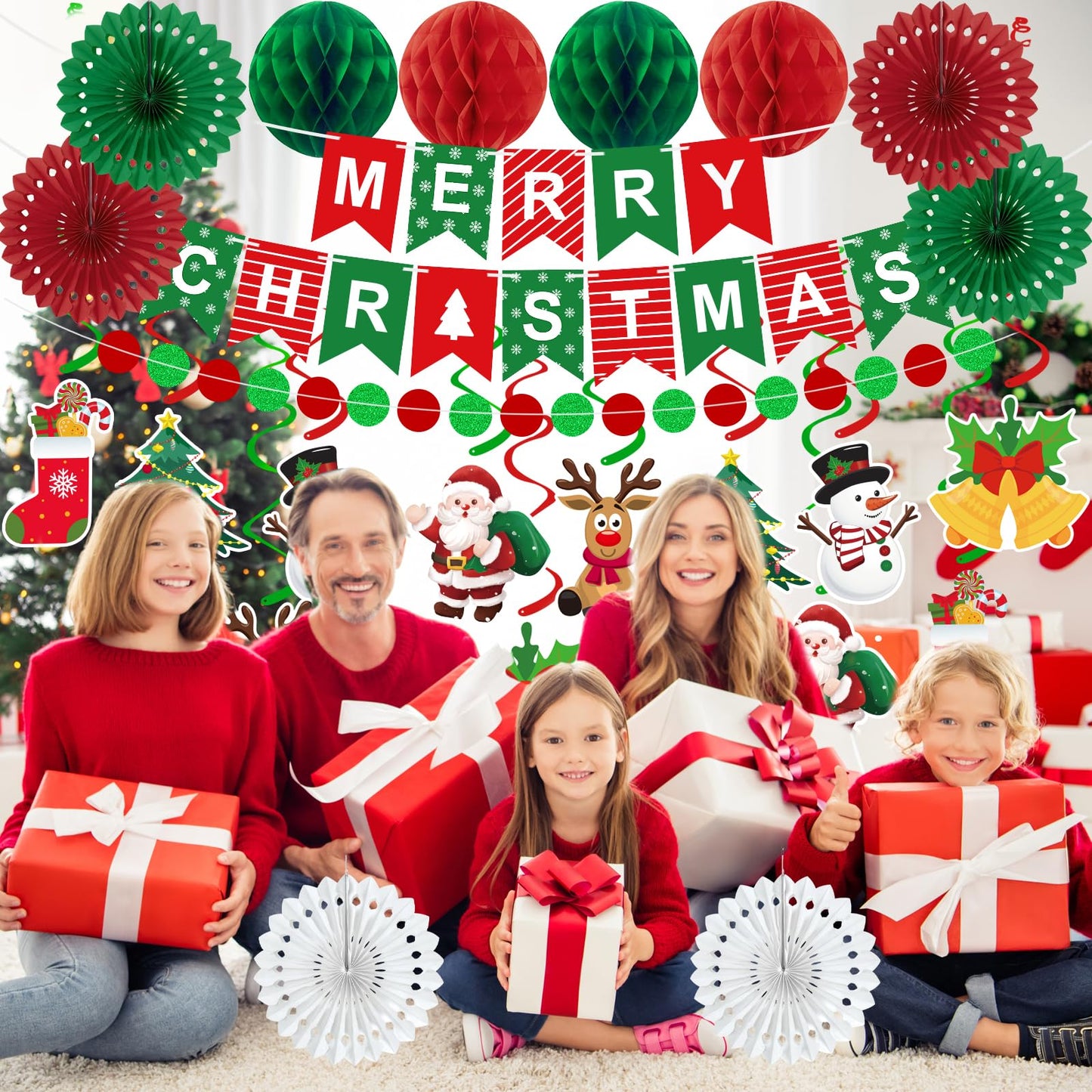 25pcs Christmas Party Decorations Merry Christmas Banner Paper Fan Garlands String Circle Dot Honeycomb Ball Swirl Streamers Snowman Santa for Xmas Decorations Indoor Home Decor