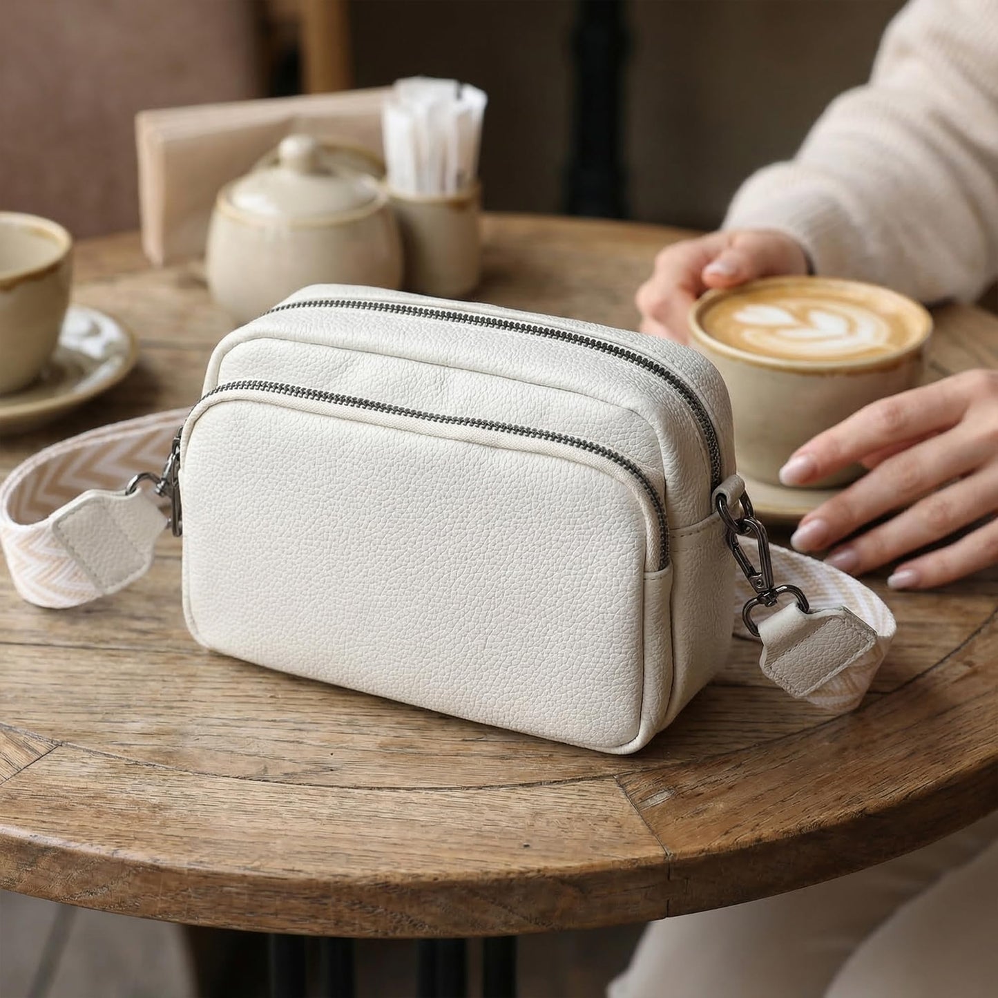 Perphy Crossbody Bags for Women 5 Pockets Shoulder Handbags with Wide Strap 7.9 * 2.4 * 5.9 inches Beige