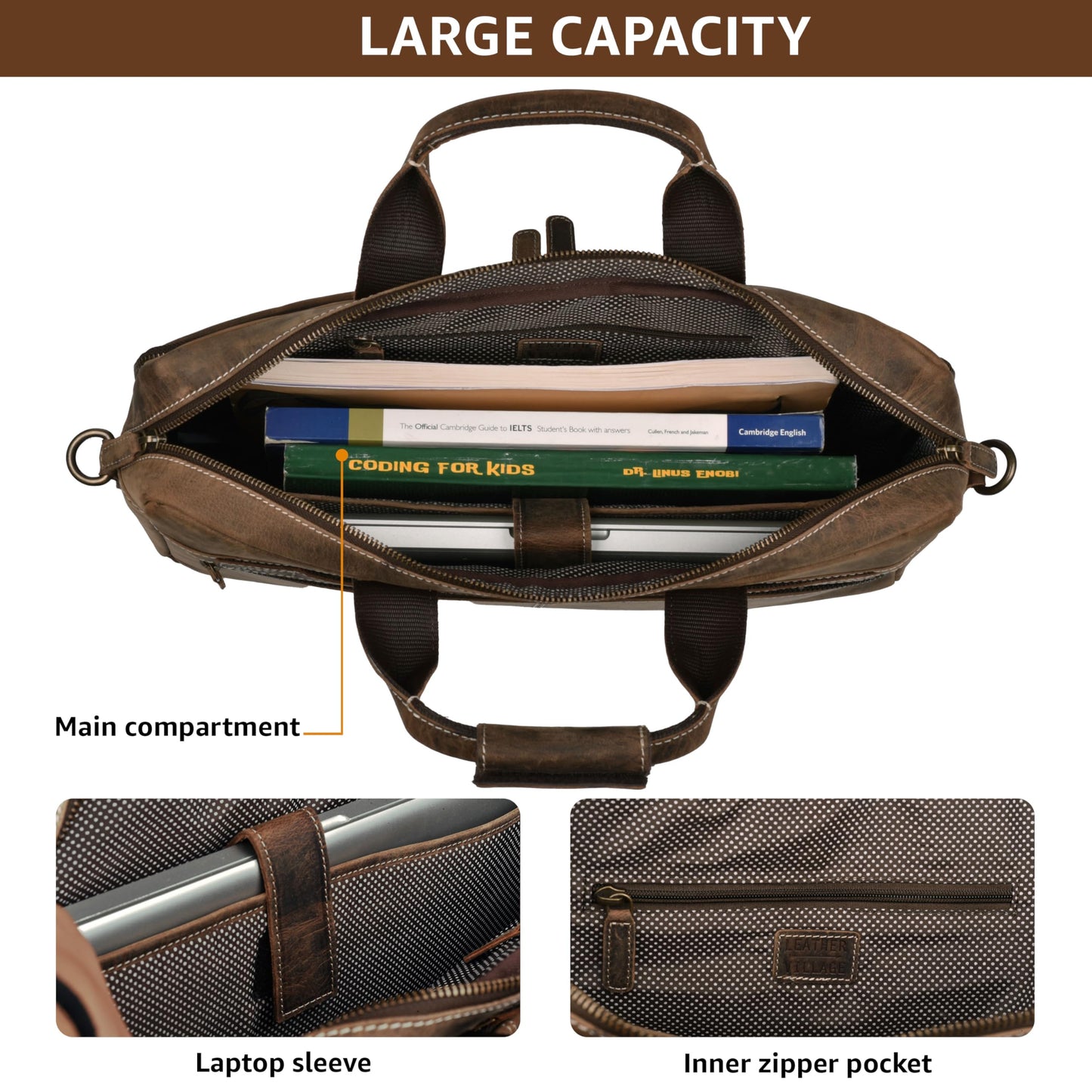 LEATHER VILLAGE 18" Leather Laptop Messenger Briefcase Bag for Men-Leather Satchel for Travel and Office Shoulder Bag-Rustic Brown