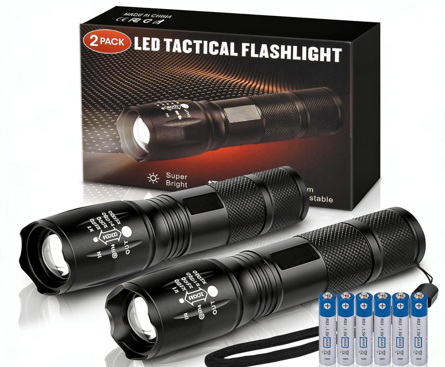 Zoomable LED Flashlights with 5 Modes 2Pack Christmas Stocking Stuffers Birthday Gifts for Men Him Dad Included Batteries Bright Tactical Torch High Lumens Outdoor Fishing Hiking Camping Essentials