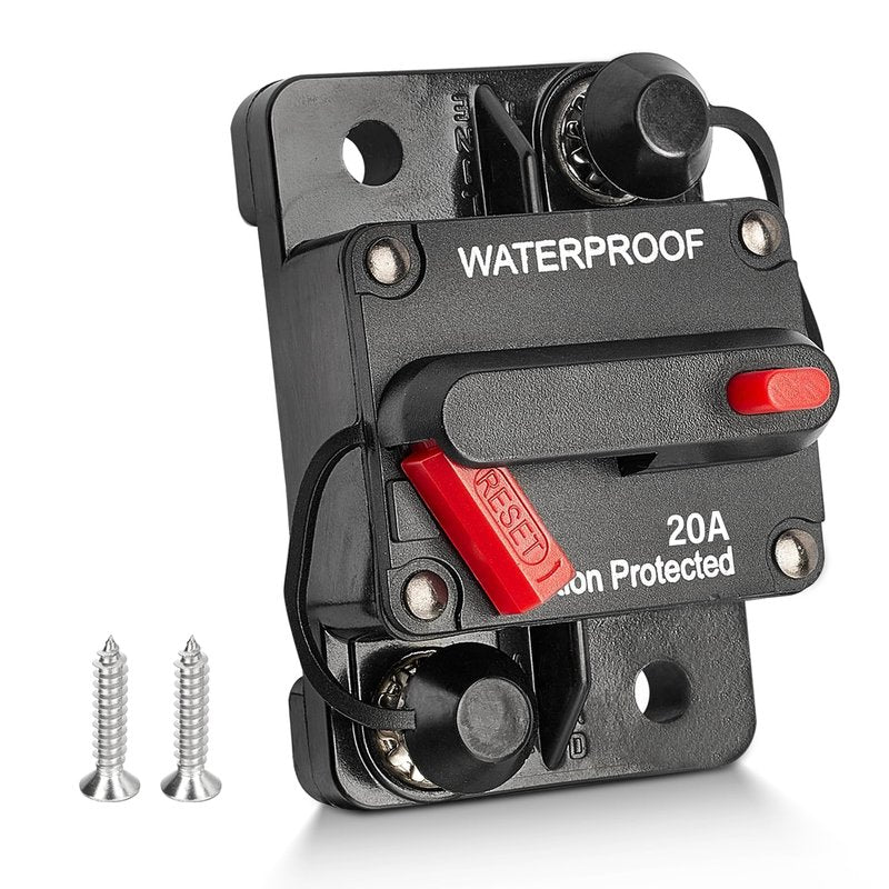 RED WOLF 20A Circuit Breaker Holder W/Manual Reset Switch 12-48V DC for Boat Trolling Motor Marine ATV Trailer Vehicles Stereo Audio Electronic Battery Fuse Solar Power System, 20 Amp Screws