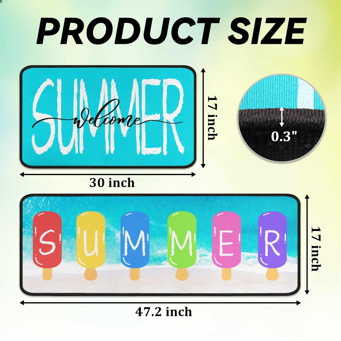 Lumiprinta Summer Blue Kitchen Rugs and Mats Set of 2, Seasonal Microfiber Washable Non-Slip Floor Mats for Home Kitchen Decor 17"x47"+17"x30"