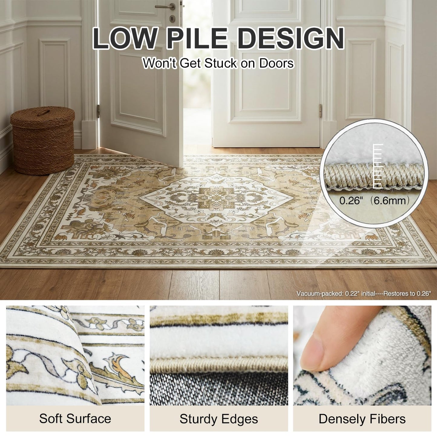 Cnythlis Extra Large Washable Area Rug Living Room Rug 9'x12', Vintage Medallion Non Slip Water Resistant Faux Wool Carpet for Bedroom Dining Room Office, 0.26" Low Pile, Beige & Ivory