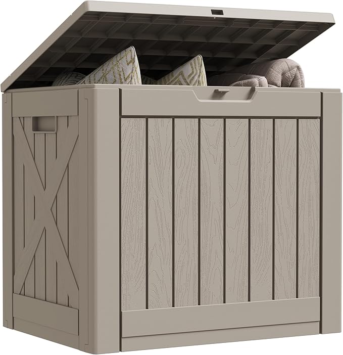 Greesum 40 Gallon Outdoor Deck Box, Resin Storage for Patio Furniture, Garden Tools, Pool Supplies, Weatherproof and UV Resistant, Lockable, Light Coffee