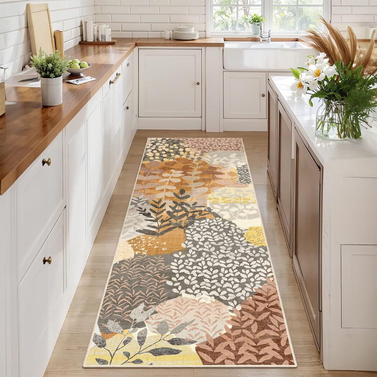 DEXDE Runner Rug 2x6 Fall Washable Hallway Boho Soft Area Rugs Abstract Long Non Slip Botanical Leaves Floral Print Carpet for Entryway, Kitchen, Laundry, Bathroom, Bedroom,Camel