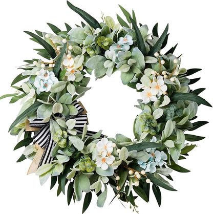 Lambs Ear Wreaths for Front Door Year Round, 20 Inch Green Artificial Wreath for Spring Summer Farmhouse Porch Indoor Outdoor Decor