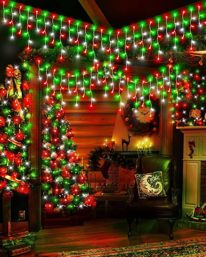 Christmas Lights Outdoor, 53 FT 486 LED Christmas Lights for Outside, Timer & Memory, Plug in 8 Modes Hanging Fairy Light with 108 Drops for House Eaves Yard Patio Decorations, Red Green and White