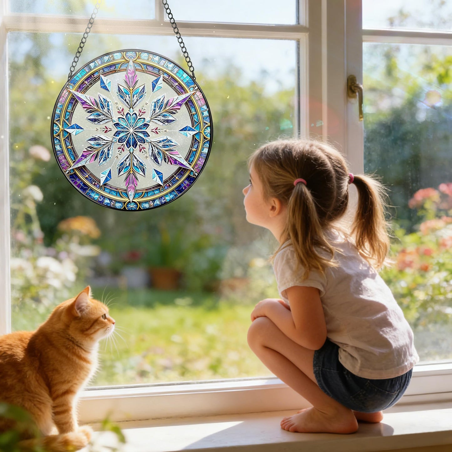 Stained Glass Window Hanging, 7.8 Inch Snowflake Stained Glass Suncatcher, Sun Catchers Indoor Window Ornament, Suncatcher for Windows Hanging, Christmas Window Decor, Winter Christmas Keepsake Gifts