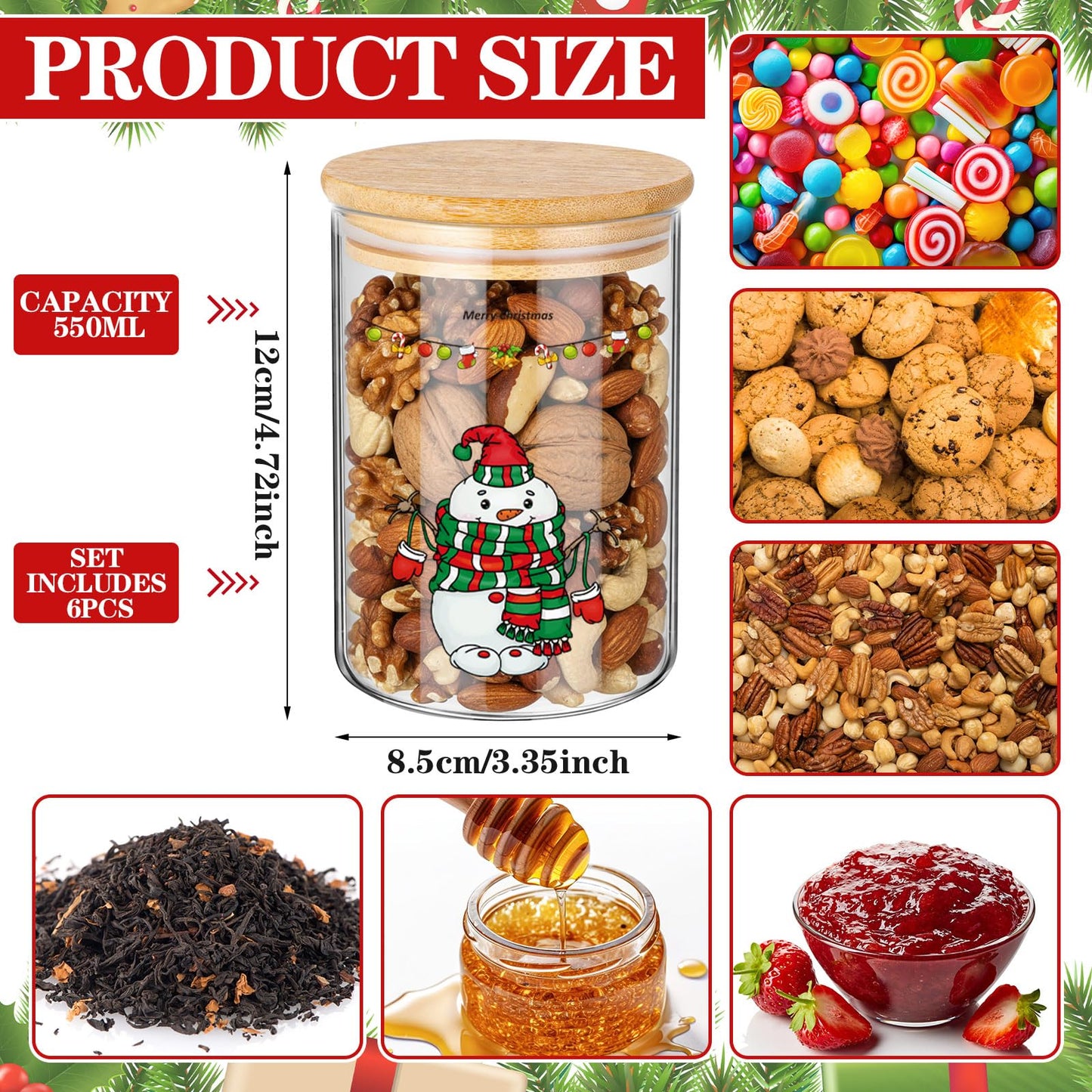 Suclain 6 Pcs Christmas Glass Storage Jars with Lid 19 oz Retro Christmas Glass Cookie Jars Santa Snowman Reindeer Tree Decorative Canisters Gift for Kitchen Indoor Containers Countertop Decoration