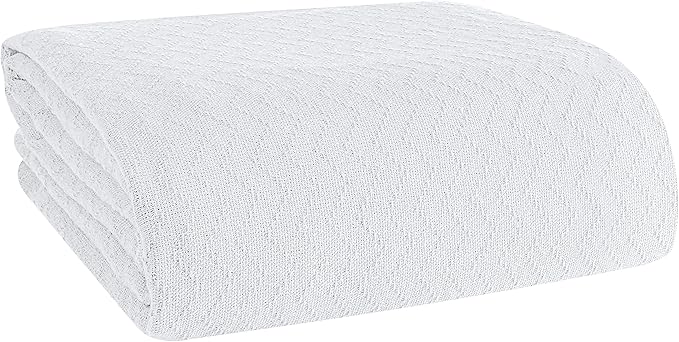 BELIZZI HOME 100% Cotton Bed Blanket, Breathable Thermal Blanket Twin Size, Soft Chevron 60 inch x90 , Perfect for Layering Any All Season, White