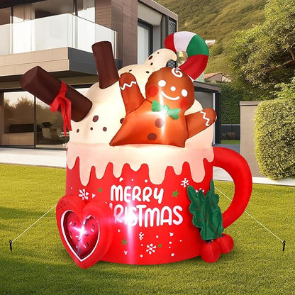 6.5 FT Christmas Inflatables Outdoor Decorations, Gingerbread Christmas Inflatable Hot Cocoa Mug with Built-in LEDs Blow Up Christmas Decoration for Garden Lawn Yard Patio Xmas Inflatable