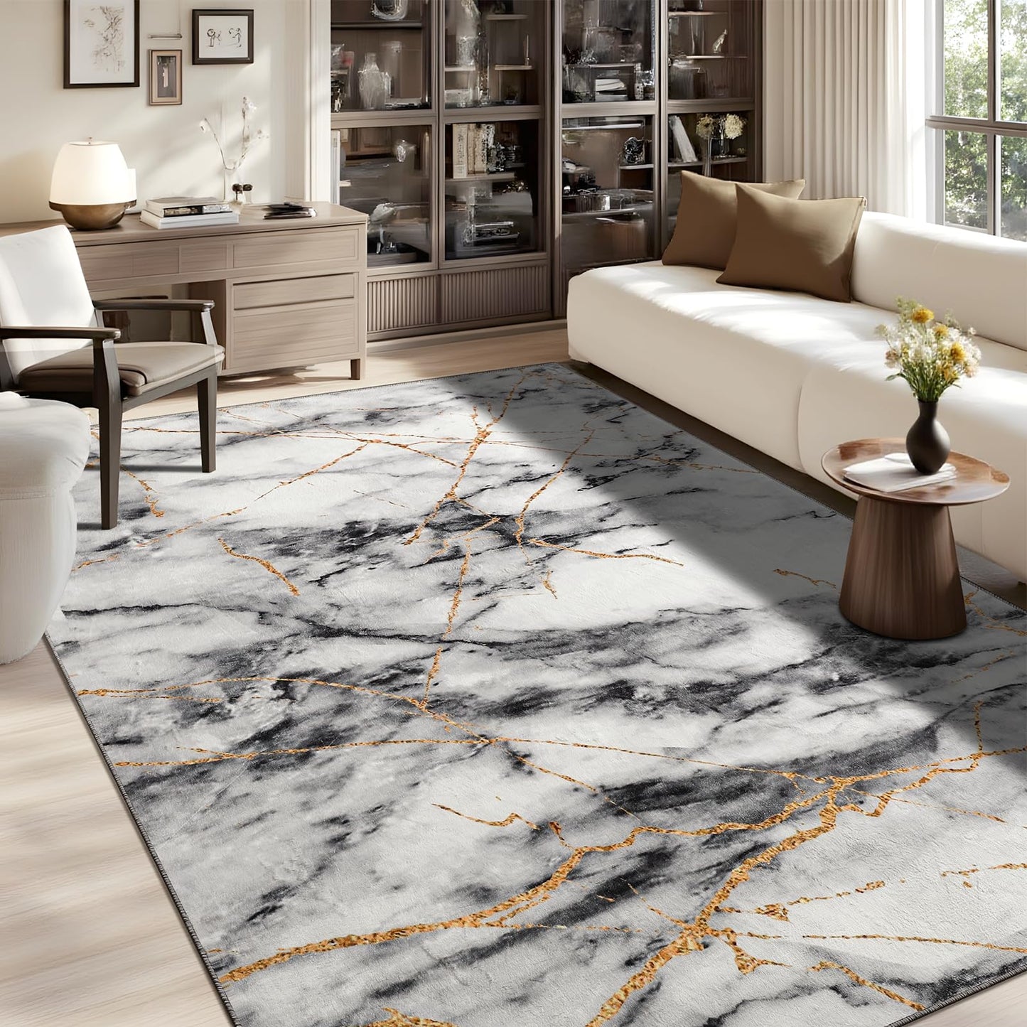CRYPTOLITE Living Room Rug Washable Abstract Rugs with Non-Slip Backing Low Pile Area Rug for Living Room, Bedroom, Dining Room, 6x9, Gold&Grey