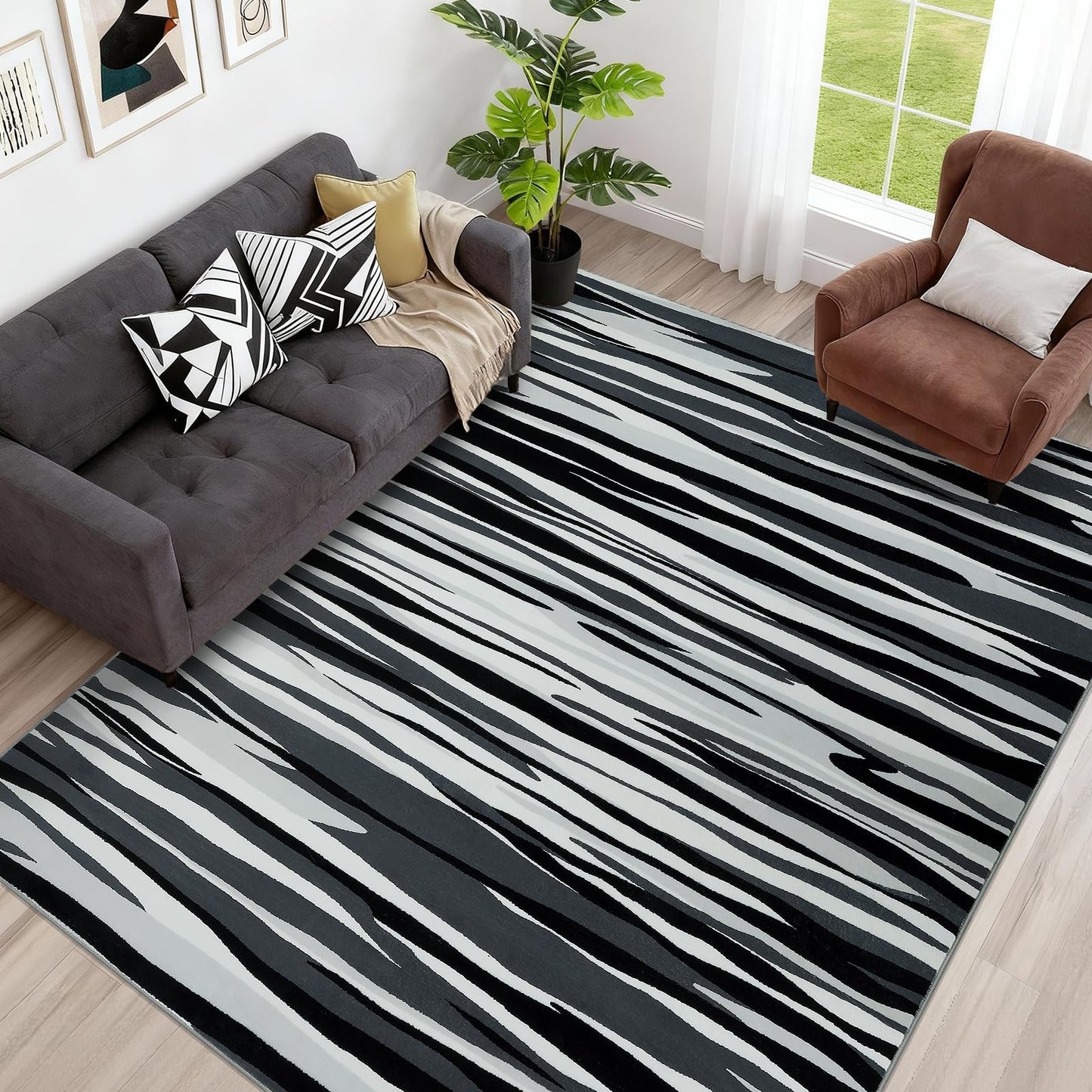 YIHOUSE 5×7 Ft Area Rugs for Living Room: Modern Abstract Black Grey and White Rug - Nonslip Washable Striped Rug for Bedroom Dining Room Office Playroom Nursery Home Decor