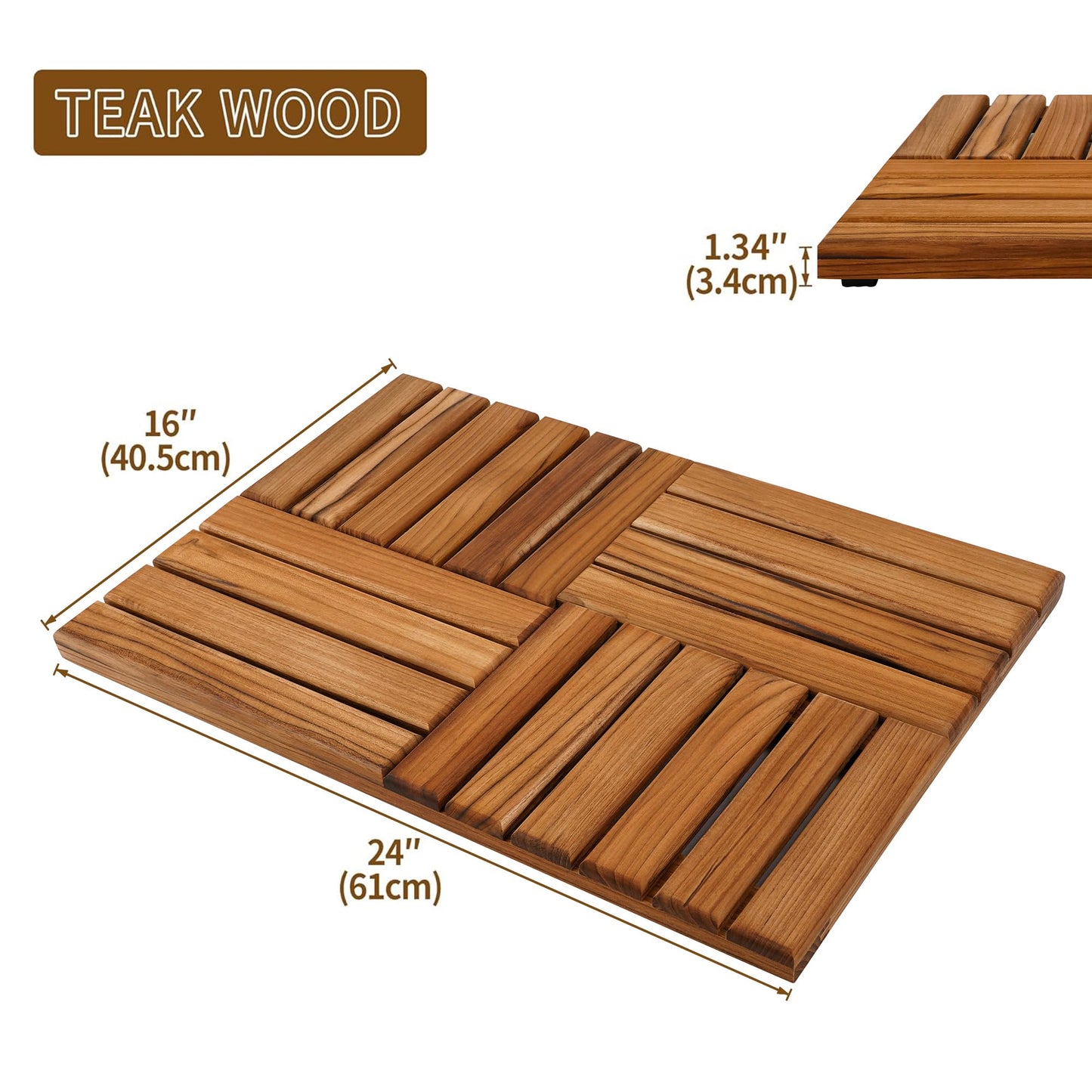 Utoplike Teak Wood Bath Mat, Wooden Shower Mat for Bathroom, 24 x 16 inch Non Slip Wood Floor Sturdy Mat for Inside Shower Luxury Spa Home or Outdoor