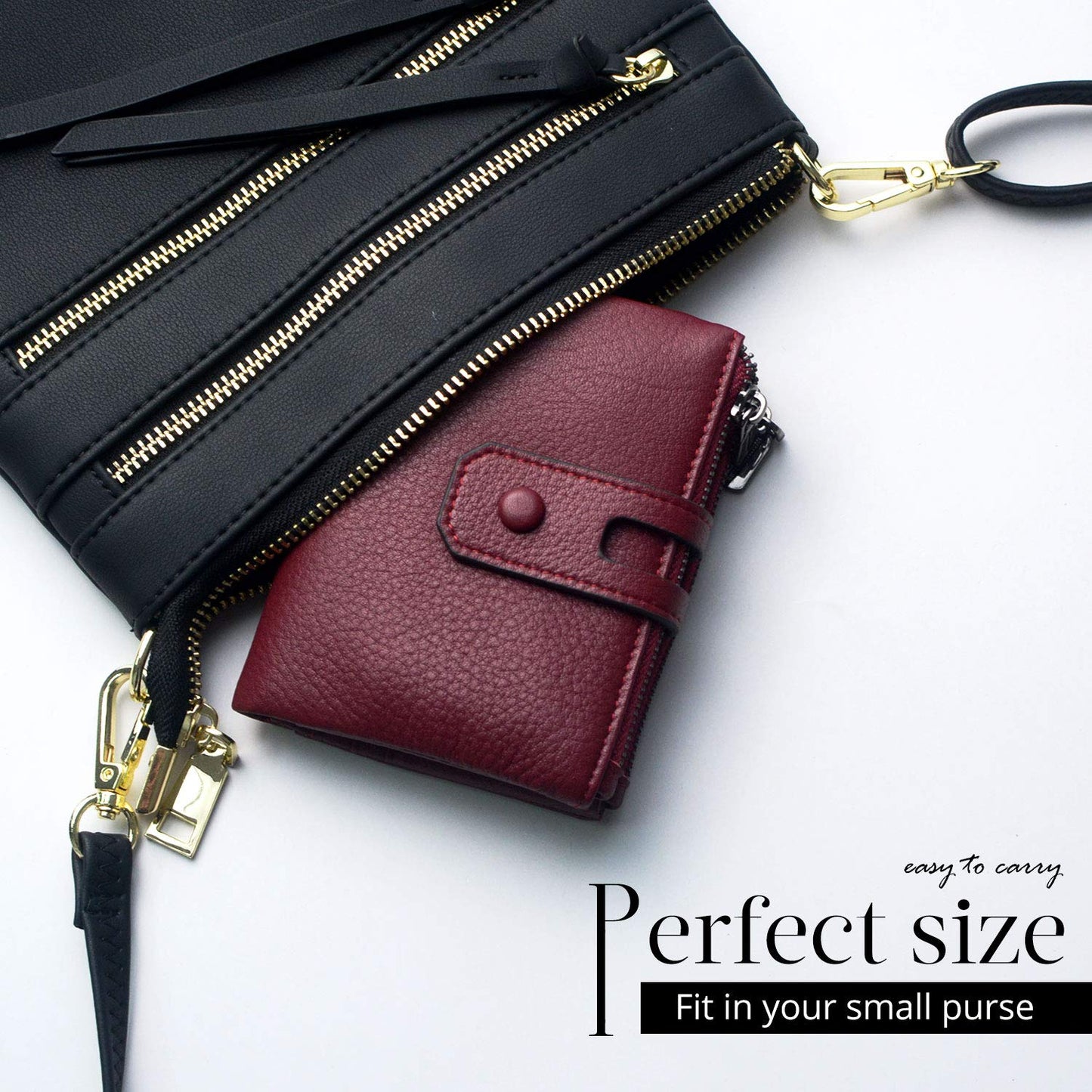 Bveyzi Small Soft Leather Wallet for Women RFID Blocking Ladies Card Holder with Double Zipper Pocket (Wine Red)