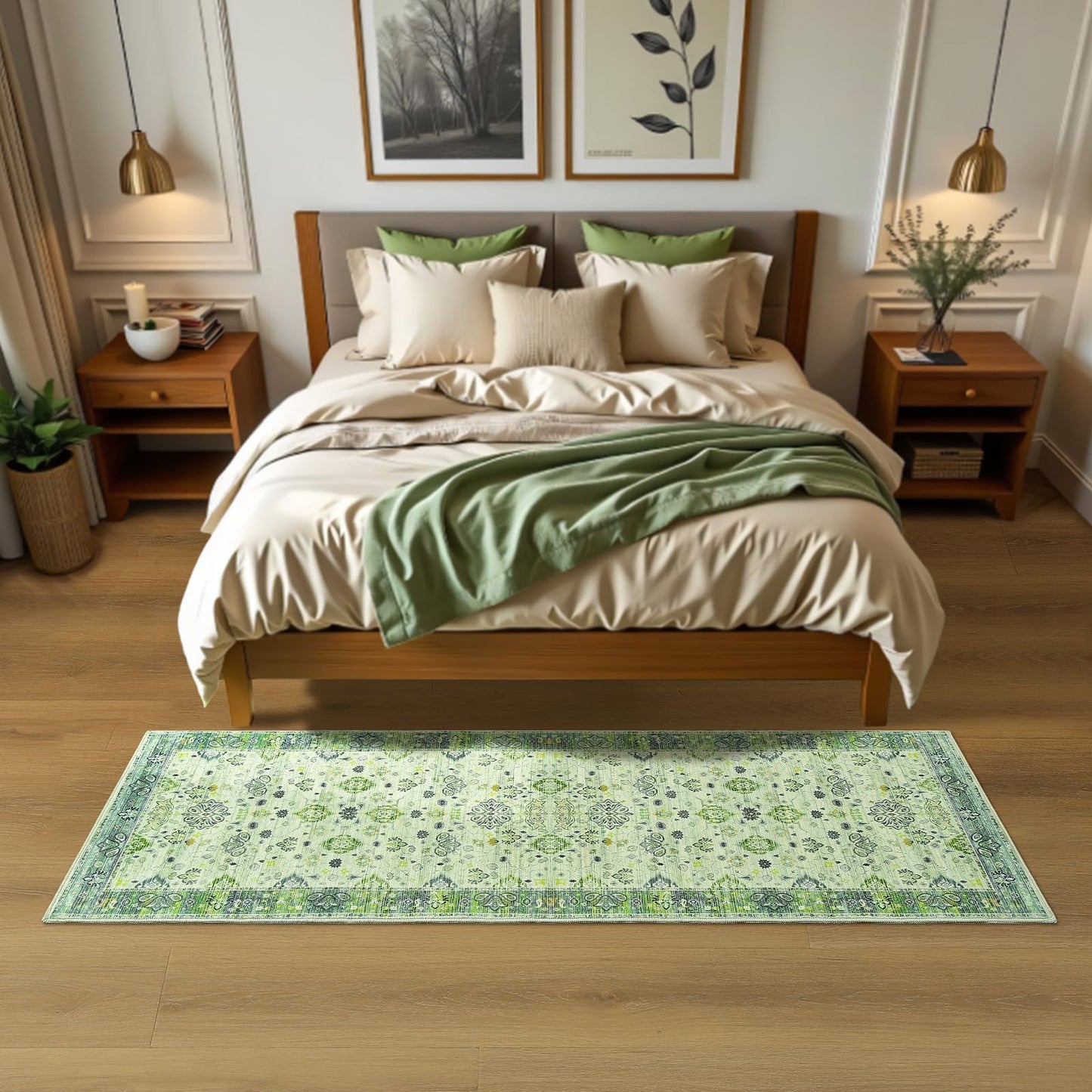 Przemy Runner Rug for Bedroom, 2x6Ft Washable Non-Slip Area Rugs,Small Floral Carpet for Entryway Hallway Girls's Bedside Living Room, Green