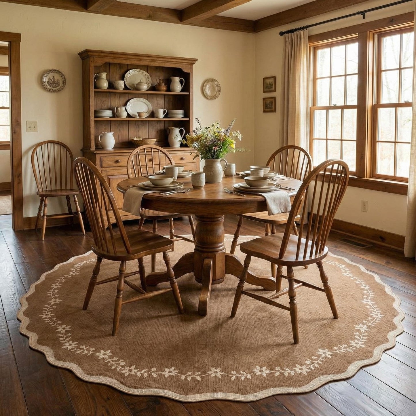 GarveeHome Round Area Rugs 4ft for Kids Room, Solid Brown Scalloped Washable Circle Rug Soft Non Slip Floral Print Floor Mat Carpet Indoor Thin Tent Rug for Bedroom Dining Room Playroom Nursery