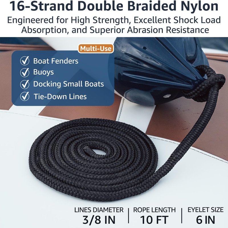 PACTHSD 4 Pack 3/8 Inch x 10 ft Boat Fender Lines - Marine Grade Nylon Boat Rope with 6" Loop for Tying Fenders and Docking - Double Braided Dock Lines, Easy Handling, Fray Resistant, Black