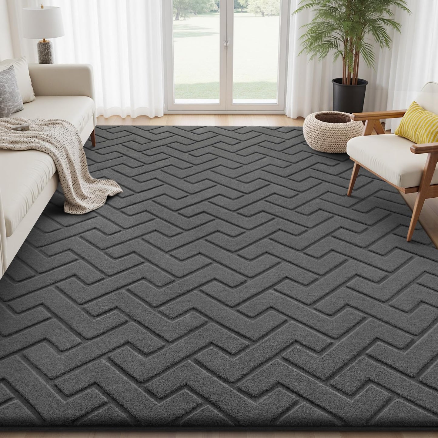 Sour Lemon 8x10 Area Rugs for Living Room, Washable Grey Rugs for Bedroom Large Soft Area Rugs Indoor, Modern Non Slip Rug Carpet for Bedroom Kids Room Dorm Dining Room Office Home Decor