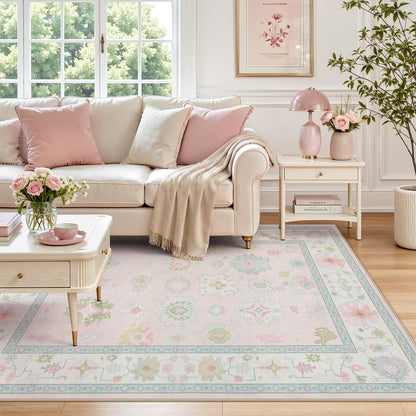 Tribesigns Boho Oushak 5x7 Washable Area Rug for Girls Bedroom, Soft Pastel Pink Nursery Rug Living Room, Oriental Floral Non-Slip Ultra Thin Indoor Carpet for Dorm Kids Playroom