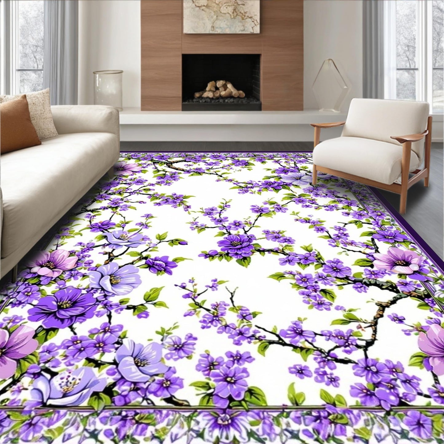 ODIKA Flatwoven High Traffic Area Rug 8x10, Vivid Pastoral Leaf Motif, Non Slip, Stain Resistant, Washable Area Rugs for Living Room, Bedroom (Purple, 8x10)