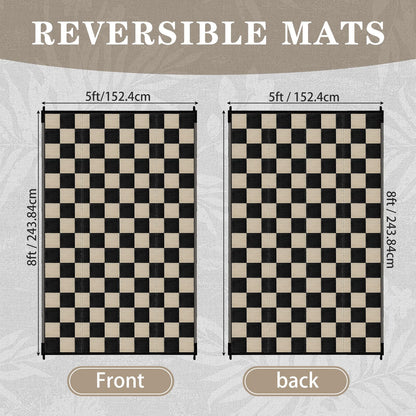 Klyyo Clyro Black Beige Checkerboard Outdoor Rug 5 x 8 ft Checkered Plastic Straw Camping Mat Foldable Reversible Patio Carpet for Rv Deck Camper Porch Backyard Picnic Beach Outdoor Garden