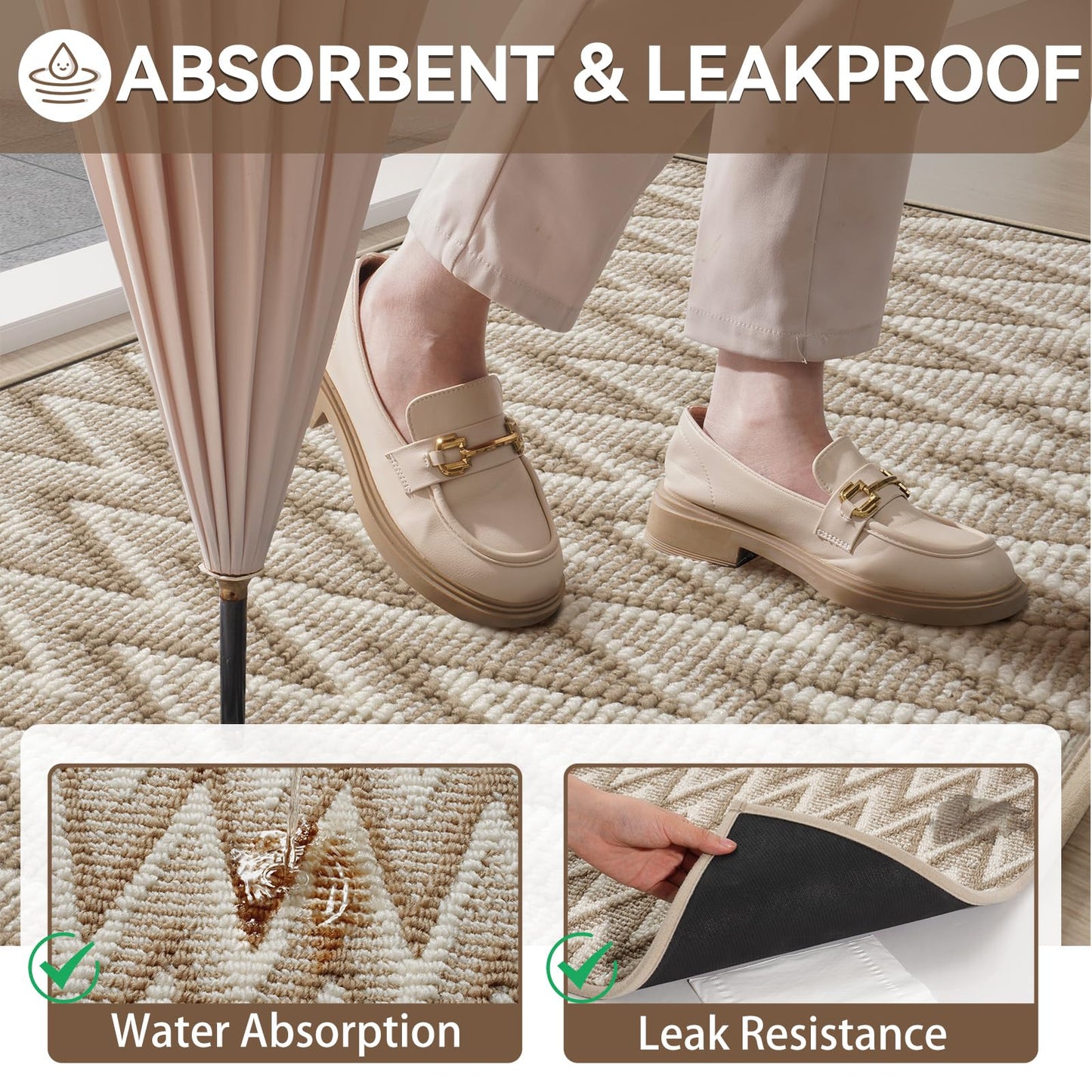Indoor Door Mat 17x30, Dirt Resistant & Absorbent Doormat for Entryway Inside, Non-Slip Rubber Backing Front Door Mat Indoor Entrance, Low-Profile, Washable, Brown